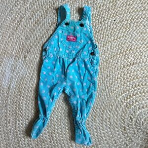 Oshkosh b’gosh pincord teal blue corduroy baby girl footed overalls bibs 6/9 mon